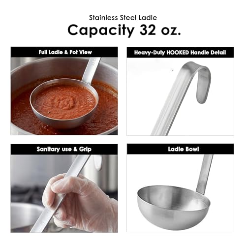 Stainless Steel Ladle, 32 oz – Heavy-Duty 2-Piece Construction, Long Handle, Hooked Design for Easy Storage – Perfect for Soup, Stew, Chili, Sauce, and Commercial Kitchens (1, 32 Oz) - size: 32 Oz