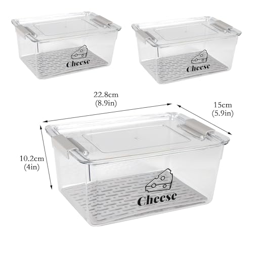3 Pack Cheese Container Airtight with Draining Basket Cream Block Cheese Sliced Cheeses Box with Lid Saver for Fridge Deli Meat Storage Box,Cheeses Sliced,Grated,Cheddar Keeper - color: Clear - 3 Pack