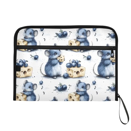 13 Pockets Expanding File Folder Cartoon Mouse Cheese Berry Accordion File Organizer A4 Letter Size Paper Document Storage Zipper Expandable Folders with Labels