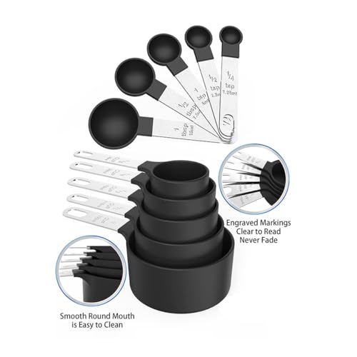 10Pcs Measuring Cups & Spoons Set, Stackable Cups and Spoons, Nesting Measure Cups with Stainless Steel Handle, Kitchen Gadgets for Cooking & Baking (Black) - color: Black