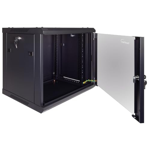 NavePoint 9U Server Cabinet Wall Mount Rack Enclosure Includes 2 Fans, Locking Glass Door, Removable Side Panels – 9U Network Cabinet 17.7” Deep, 19 Inch Server Rack for IT and A/V Equipment - size: 9U - 450mm Depth