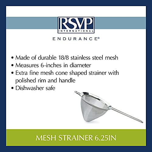 RSVP International Endurance Kitchen Collection, Stainless Steel Fine Mesh Conical Sieve/Colander, Multi-Purpose for Cooking, Baking, Loose Leaf Tea, Bar Strainer Cocktails, 6.25-Inch - size: 6-1/4-Inch