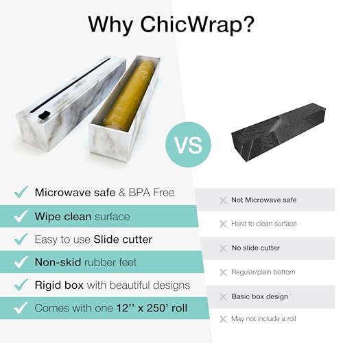 Chicwrap Carrara Marble Refillable Plastic Wrap Dispenser - One 12" x 250' Roll of Professional Grade Plastic Wrap - BPA Free and Kosher Certified - Reusable Dispenser w/Slide Cutter - style: Marble