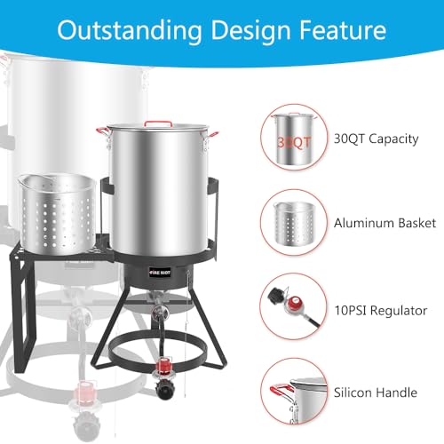 Fire Riot 30Qt Turkey Fryer with Basket, Outdoor Propane Deep Fryers Burner Stand, 50,000BTU Cast Iron Burner, Steamer and Seafood Boiler Set, Black - style: 30-Qt Turkey Fryer