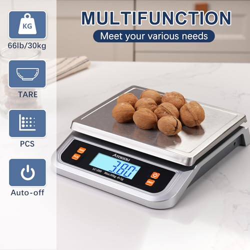 ATOGOU 66lb Food Scale, Commercial Kitchen Scale Plug-in Usable with Full View LCD Display, Stainless Steel, for Baking, Bread, Cooking, Meat, Vegetables, Farm, Industry LC200 Silver - size: Silver 66 lb (30 kg)