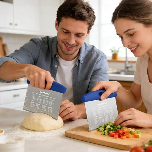 Ourokhome 2 Pack Bench Scraper Dough Cutter, Stainless Steel Dough Scraper with Laser-Etched Scale, Conversion Chart, Non-Slip Handle, Dishwasher Safe for Bread & Pastry, Blue - color: Blue