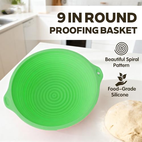 Sourdough Starter Kit,Sourdough Bread Baking Supplies(Green),10 Inch Oval & 9 Inch Round Banneton Bread Proofing Basket Set with Sourdough Starter Jar,Sourdough Kit Gifts for Baking Lovers