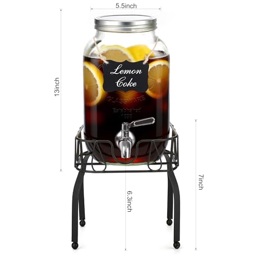 Glass Drink Dispensers for Parties, Beverage Dispenser with Stand, Ice Cylinder and Stainless Steel Spigot 100% Leakproof, Beverage Dispenser for Lemonade Sun Tea (2 Gallon Single with Stand) - size: 2 Gallon Single with Stand