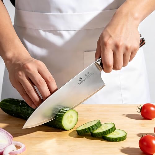 imarku 8.5 Inch Pro Japanese Chef Knife, Ultra Sharp Kitchen Knife 10Cr15Mov Stainless Steel, Triple-Layer Composite Blade, Ergonomic Pakkawood Handle, Professional Cutting Knife,Birthday Gift - color: Nature Brown