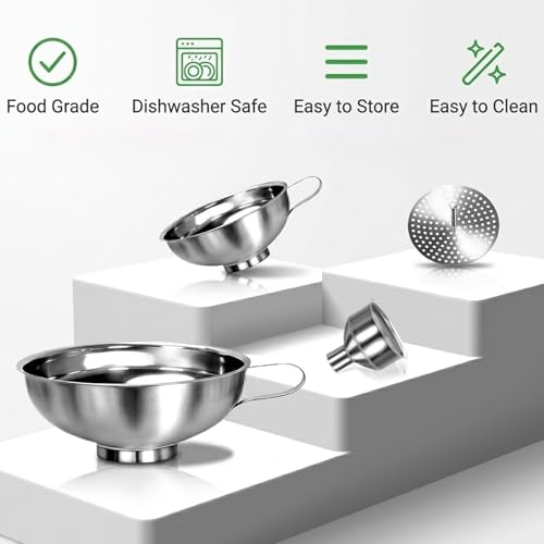 7-Piece Stainless Steel Canning Funnel Kit – Wide Mouth Mason Jar Funnels with 100/200 Mesh Strainers, Removable Filter Tip & Sponge Brushes