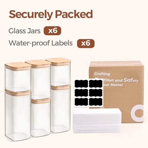 ComSaf Glass Pantry Storage Containers (0.7Qt/1.2Qt/1.6Qt) Set of 6, Glass Storage Containers with Lids, Kitchen Food Storage Jar, Square Glass Jars for Flour Cereal Sugar Tea Coffee Beans Snacks - size: 0.7Qt*2/1.2Qt*2/1.6Qt*2