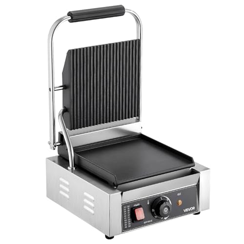 VEVOR Commercial Panini Grill, 1800W Electric Sandwich Panini Maker, Stainless Steel Sandwichs Press Grill with Handle and Temp Control, 8.8x9 in Flat Enamel Plate, for Hamburger Steak Bacon