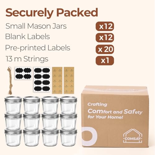 ComSaf 8 oz Wide Mouth Mason Jars Bulk Set, 12 Pack Small Jars with Lids | BPA-Free,Half-Pint Portion, Chunky Salsa, Overnight Oats, Party Favors, Meal Prep, DIY Candles, For Big Canning Project - size: 8oz*12 wide mouth