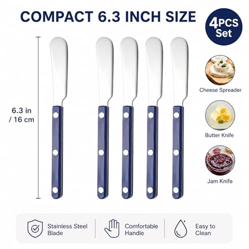 4PCS Stainless Steel Butter Knives Set: 6.3 Inch Cheese Spreader 304 Stainless Steel with Ergonomic Handle for Cheese, Butter & Jam (blue) - color: blue