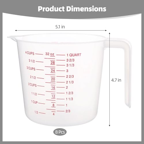 8 Pcs Plastic Measuring Cups Set, 1000 ml Liquid Measuring Cups, Clear Graduated (4 Cup), Multi-Scale, Plastic Mug with Spout and Handles, Ideal for Recipe Ingredient, Flour, Water, Liquid