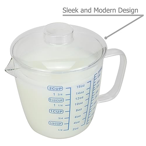 EIKS Glass Measuring Cup with Lid, Easy Grip Handle and V-Shaped Spout, Three Measurement Scale(OZ, Cup, ML), Coffee Milk Frothing Pitcher Latte Maker in Kitchen Restaurant (500ML)