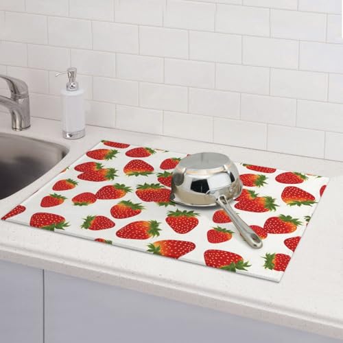 Cute Strawberry Dish Drying Mat For Kitchen Counter, Super Absorbent Microfiber Dish Drying Pad, Kitchen Gadgets For Easy Clean Multi-Use Large 18"x24" - color: Cute Strawberry
