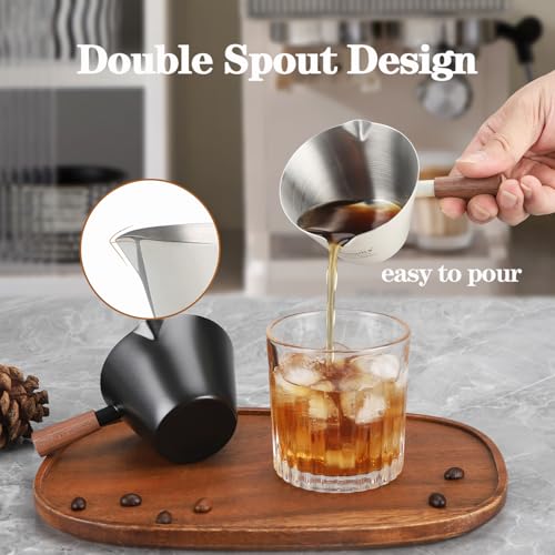 Mongdio 2 Pcs Espresso Measuring Cup, Stainless Steel Espresso Shot Cups with Wooden Handle and Double Spouts, 6.8OZ/200ML, Silver - color: Silver 2 pcs, size: 6.8oz