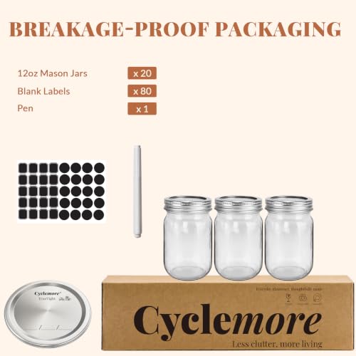 CycleMore 20 Pcs 12oz Glass Mason Jars With Silver Separable Lids, 350ml Round Canning Jars for Honey, Jam, Herb, Wedding Favor, Kitchen Storage Wide Mouth Bottles for Crafts, Meal Prep - size: 12oz - 20 Pack