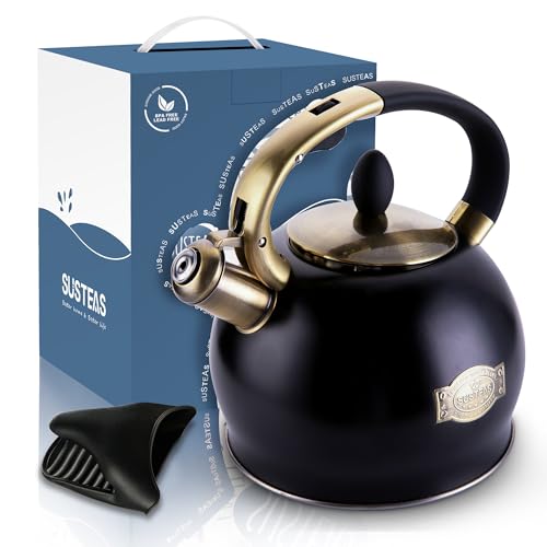 SUSTEAS Stove Top Whistling Tea Kettle - Food Grade Stainless Steel Teakettle Teapot with Cool Touch Ergonomic Handle, With 1 Silicone Pinch Mitt Included, 2.64 Quart(BLACK) - color: Black