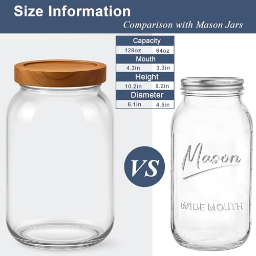 2 Pack Glass Flour Sugar Storage Containers with Acacia Wooden Lid, 1 Gallon Glass Jars with Airtight Lid, Wide Mouth Large Mason Jars 128oz for Rice, Pasta, Oats, Coffee Storage - size: Large