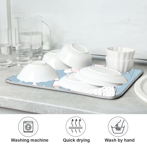 Winter Polar Bear Tree Dish Drying Mat for Kitchen Counter Super Absorbent Draining Mat with Non-slip Backed Drainer Mat for Sinks Countertops Draining Racks Dish Bottles Cups Bowl