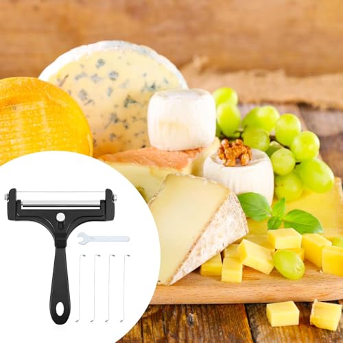Gosknor 6pcs Cheese Slicer Kit, Stainless Steel Wire Cheese Cutter with 4 Extra Wires & Wrench Slicer Handheld Butter Cutter Food for Block Butter (Black) - color: Black