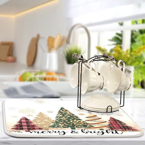 Christmas Tree Golden Dish Drying Mat for Kitchen Countertop 16x18 Winter Snowflake White Xmas Small Drying Mat Reusable Quick Dry Dish Sink Mats Easy Clean Decorative Essentials - size: 16x18(in)x1