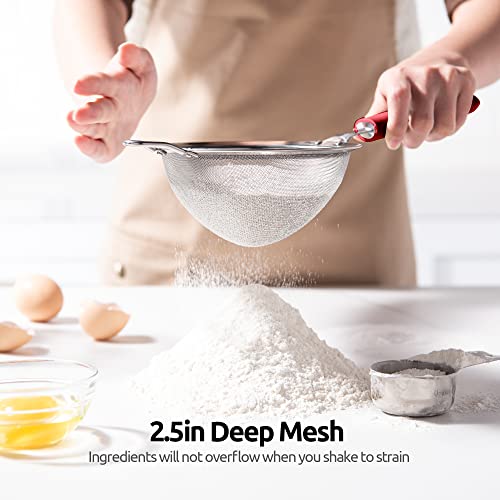 18/8 Stainless Steel Mesh Strainer: U-Taste 5.5 Inch Kitchen Fine Mesh Sieve Food Colander with Riveted Sturdy Silicone Handle and 30 Mesh Hole for Straining Flour, Pasta, Fruit, Quinoa (Red) - color: (4) Red, size: Medium (5.5 x 13 in)