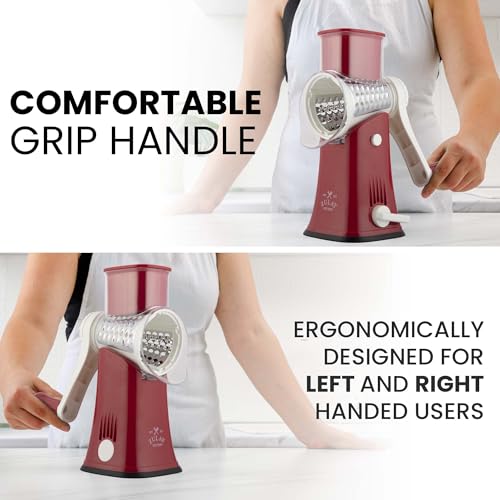 Zulay Kitchen Rotary Cheese Grater 5 Blade Cheese Shredder - Manual Hand Crank Cheese Grater With Reinforced Suction & 5 Interchangeable Drums - Easy to Use, Vegetable Chopper Round Mandoline Slicer - color: White and Red