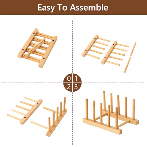 HBlife 2pcs Bamboo Dish Plate Bowl Cup Book Pot Lid Cutting Board Drying Rack Stand Drainer Storage Holder Organizer Kitchen Cabinet(Keep Dry) - color: Bamboo 4 Slots 2pcs