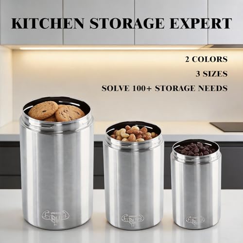 3-Piece Stainless Steel Food Canisters Set (27/47/84oz) | Airtight Metal Kitchen Storage Containers with Screw Lids | Stackable Jars for Coffee, Flour, Sugar & Protein Powder - color: Silver