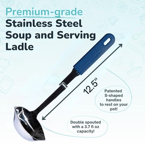 Souper Cubes + Lori Greiner No Mess Stainless Steel Soup Ladle with Silicone Handle - Metal Soup Ladle with No Mess Design That Hooks on Side of Any Pot - Blueberry - color: Blueberry, size: Ladle 1-Pack