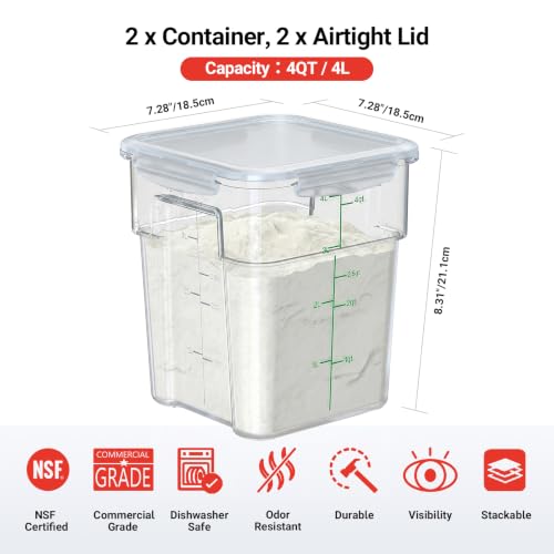 2 Pack 4 QT Airtight Commercial Food Storage Containers, Clear Food Storage Container with Built-In Labeling Area, Stackable for Coffee Beans, Sugar, Rice and Dry Goods, Tall Model - size: 2 X 4.0(QT)-Tall