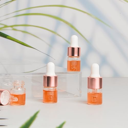 Didaey 100 Pcs 1/2/3/5/10/15 ml Mini Glass Oil Dropper Bottle Bulk, Clear Essential Small Empty Bottles Sample Containers Perfume Liquid Vials with Cap for Traveling (2 ml,Rose Gold) - color: Rose Gold, size: 2 ml