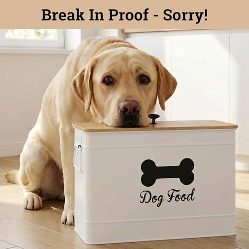 Dog Food Container Airtight Bamboo Lid 15-20 lb Sturdy Metal Handle 70 Cups | Pet Jar For Dogs up to 100lbs, Airtight Bamboo Lid, Sturdy Comfortable Metal Handle, Powder Coated Iron, Kibble Storage Bin - color: White