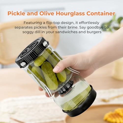 Pickle Jar with Strainer Flip, Pickle Container with Strainer with Two Forks, Airtight Glass Pickle Jar for Fermentation, Olive Jar with Date Tracker Lid, Jalapeno Container with Gas Port (Black) - color: Black