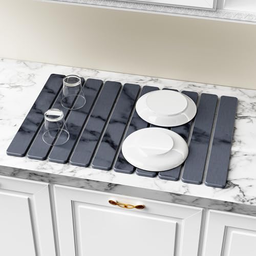 Large Stone Dish Drying Mat for Kitchen Counter, 24"(L)×16"(W), Collapsible Quick Dry Stone Dish Mats, Super Absorbent Diatomaceous Earth Drying Pad for Dishes Bottles Cups, Countertops (Marble) - color: Marble