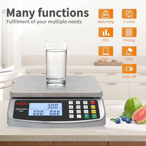 Food Scale 88lb/40kg Large Digital Kitchen Scale 0.05oz/1g with Price Computing Commercial Scale 304 Stainless Steel gram Scale for Baking Cooking Meat Restaurant ,USB or AA Battery(Included) - color: SILVER 40KG