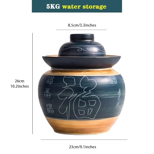Traditional Chinese Fu Pattern Kimchi Jar, Double-lid Fermentation Crock, Thickened Ceramic Pickling Vessel, for Kombucha(5kg/176.4oz) - size: 5kg/176.4oz
