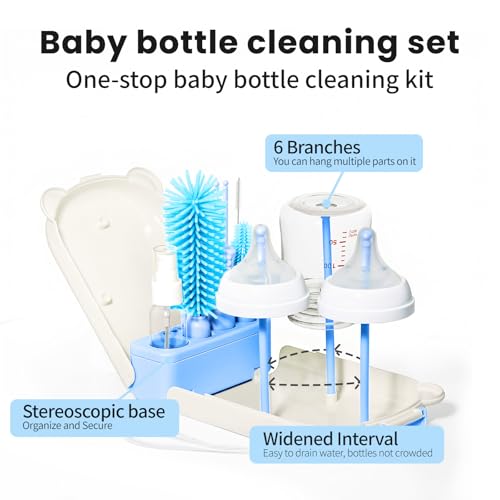 LEQXGO Travel Baby Bottle Cleaner Kit with Storage Case, 7-in-1 Baby Bottle Brush Set with Drying Rack for Breast Pump Parts, Bottle Washing Kit - Baby Travel Essential for Flying & On-the-Go (Blue) - color: Blue