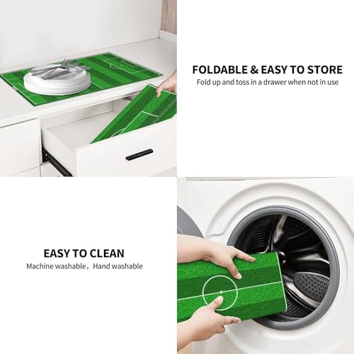 Soccer Field Dish Drying Mat for Kitchen Counter 18 x 24 inch Soccer Dish Drainer Rack Mats with Hanging Loop Football Dishes Drainer Pads Green Pitch Print Drying Pad for Cafe Bar Countertop - color: Dark Green