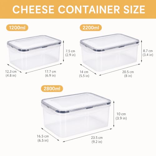 3 Pack Cheese Container for Refrigerator,Cream Cheese Slice Block Holder Airtight Lid,BPA-Free Lunch Meat Storage Container for Fridge,Dishwasher Safe,Shredded,Grated,Cheddar Cheeses Box