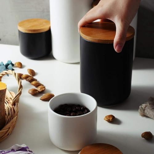 MilkyWay Ceramic Food Storage Jar Canister Modern Design Food Canisters with Airtight Seal Bamboo Lid, Loose Tea Coffee Spice Nuts Snacks Storage Jar Canister (Black 8.79oz/260ml) - size: Black 7.03oz/200ml