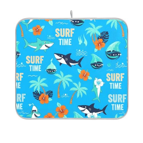 Shark Palm Trees Blue Dish Drying Mat for Kitchen Counter Super Absorbent Draining Mat with Non-slip Backed Sink Mats for Dish Bottles Cups Bowl Sinks Countertops Draining Racks