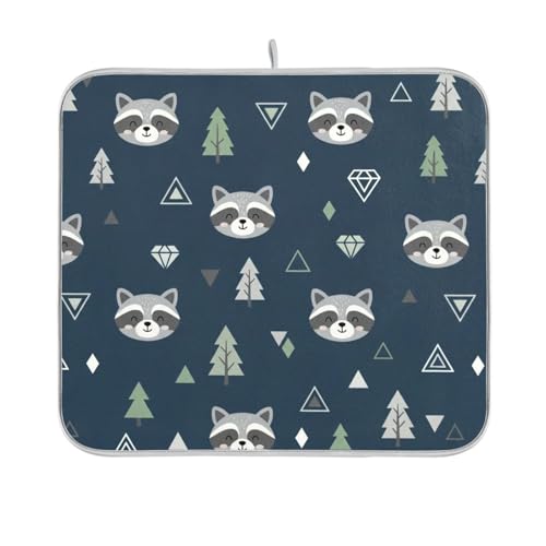 Winter Raccoon Tree Blue Dish Drying Mat for Kitchen Counter Super Absorbent Draining Mat with Non-slip Backed Dish Drying Pad for Countertops Sinks Draining Racks Dish Bottles Cups Bowl