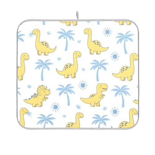 Dinosaur Palms Tree Dish Drying Mat for Kitchen Counter Super Absorbent Draining Mat with Non-slip Backed Dishwashing Mat for Dish Bottles Cups Bowl Sinks Countertops Draining Racks