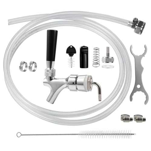 MRbrew Beer Line Shank Faucet Kit, Stainless Core Self-Closing Beer Tap with 3/16'' liquid hose & 1/4" Barb, Kegerator Tower Replacement Set for Draft Beer Dispenser - Include Tap Wrench & Hose Clamps