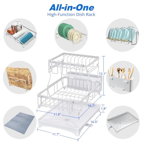 Godboat 2-Tier Dish Drying Rack - Dish Rack with Auto Drain-to-Sink & Mat | Dish Racks for Kitchen Counter, Dish Drainer with Knife Fork & Cup Rack, Gifts for Women, Mothers Day, Kitchen Gadgets, White - size: X-Large (2-Tier/White)
