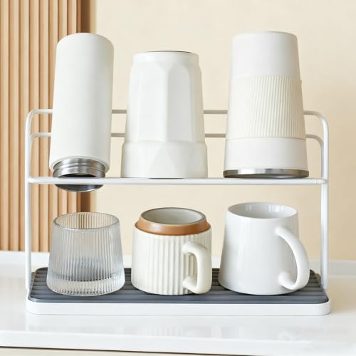 Bottle Drying Rack,Coffee Mug Holder with Drain Tray for Coffee Cup,Water Cup(White) - color: White